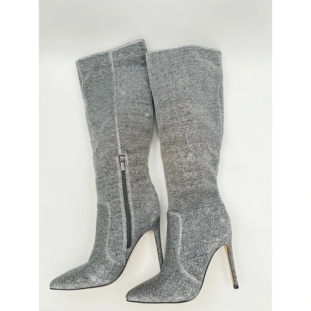 Mark Fisher Silver Glitter Over Knee Sock Boots Pointed Toe Stiletto Women's